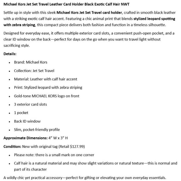 Michael Kors Jet Set Travel Leather Card Holder Black Exotic Calf Hair NWT - Picture 2 of 5